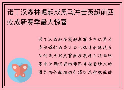 诺丁汉森林崛起成黑马冲击英超前四或成新赛季最大惊喜